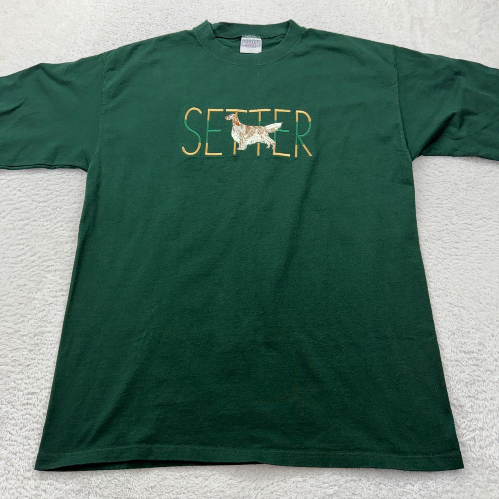 VTG Santee Setter Dog Embroidered T Shirt Men's Large Green Cotton Pre-Shrunk‎